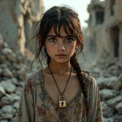 The primary subject of the image is a young girl with long hair, wearing a brown shirt and a necklace. She is standing in front of a rocky background, which adds to the overall atmosphere of the scene. The visual style of the image is a photo, capturing the girl's features and the surrounding environment. The colors in the image are predominantly brown and gray, which contribute to the mood of the scene.